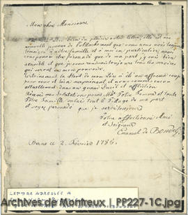 Lettre autographe d'Emmanuel de Bondeli à Emmanuel Puenzieux, juge de paix, du 2 février 1785